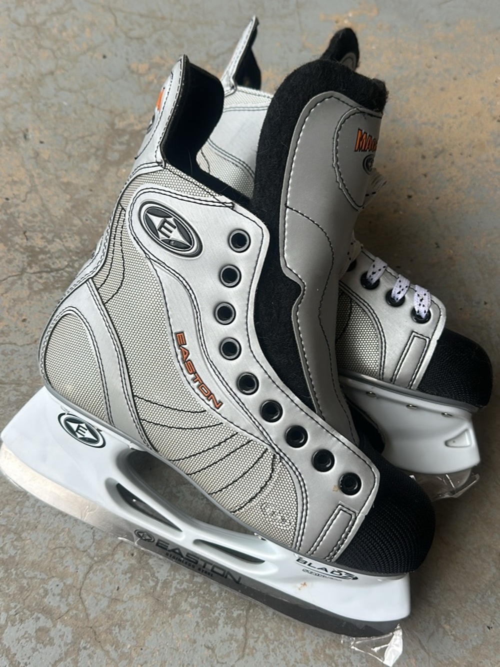 Easton Men's White and Black Ice Hockey Skates with Orange Logo